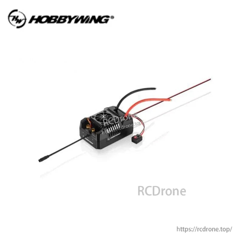 EZRUN MAX4 HV ESC angled view showing cooling fan, motor wires and battery leads on white background