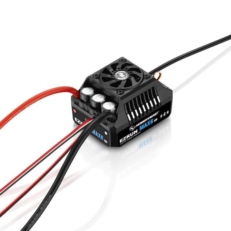 Hobbywing EZRUN MAX6 G2 ESC, Hobbywing EZRUN MAX6 G2 brushless ESC with cooling fan, heatsink vents, and pre-wired power leads