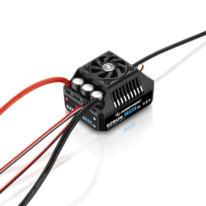 Hobbywing EZRUN MAX6 G2 ESC, Hobbywing EZRUN MAX6 G2 brushless ESC with cooling fan, heatsink vents, and pre-wired power leads