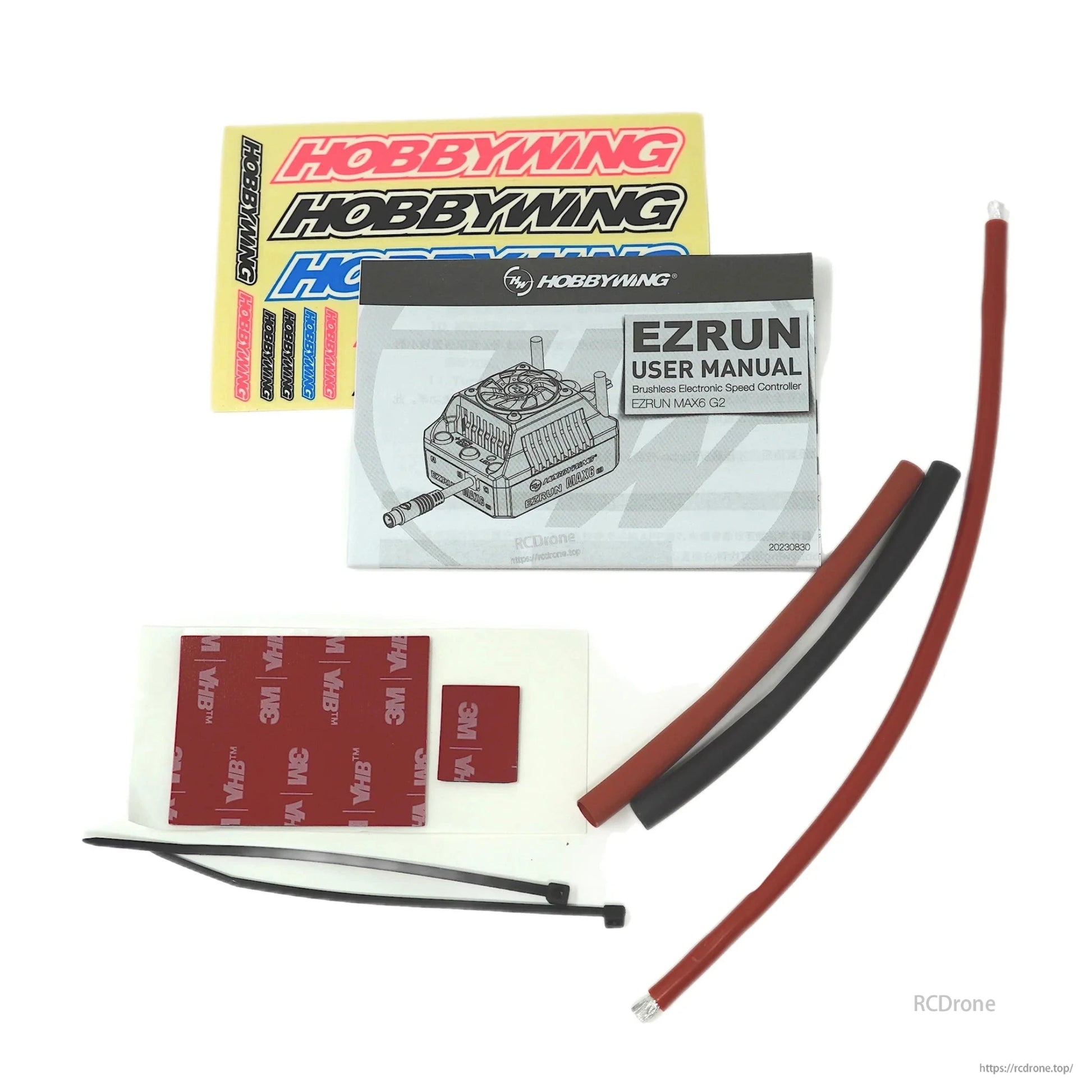 Hobbywing EZRUN MAX6 G2 ESC accessories set with user manual, decals, 3M pads, zip ties, and heat shrink