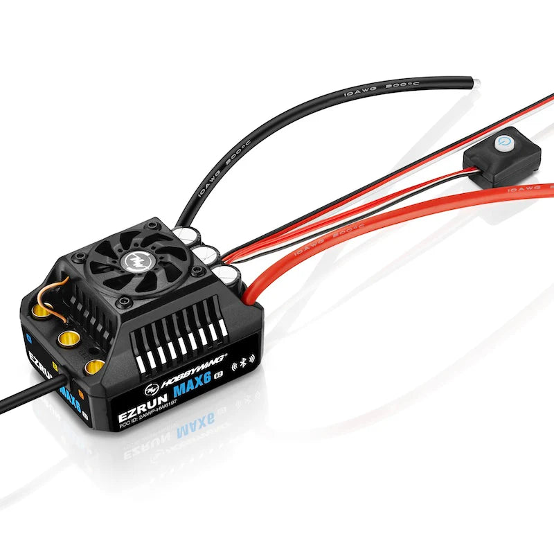 Hobbywing EZRUN MAX6 G2 ESC, Hobbywing EZRUN MAX6 G2 brushless ESC with cooling fan, power leads, and on/off switch