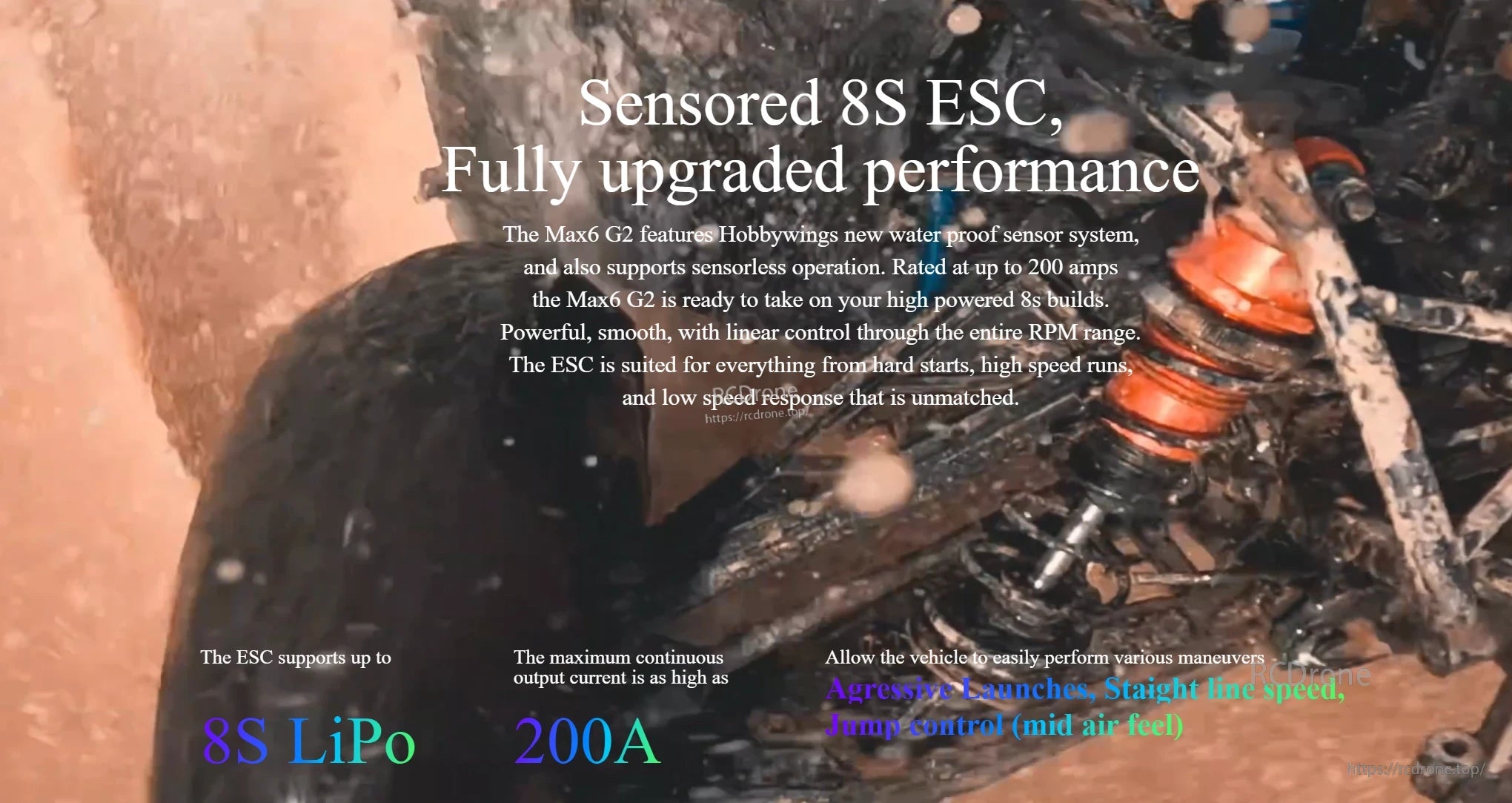 Hobbywing EZRUN MAX6 G2 ESC promo graphic with RC car, text noting sensored 8S LiPo support and 200A rating