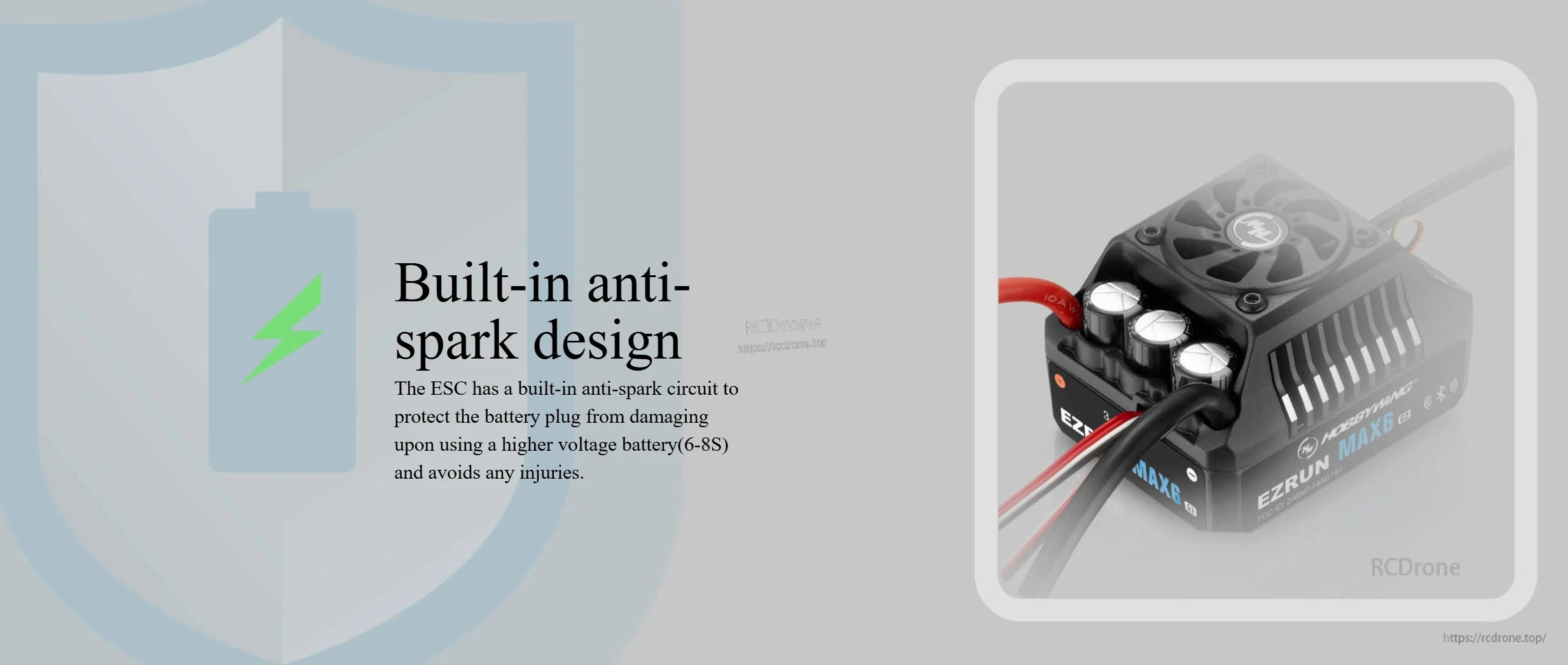 Hobbywing EZRUN MAX6 G2 ESC, Hobbywing EZRUN MAX6 ESC with built-in anti-spark design, cooling fan, and heavy-gauge power leads