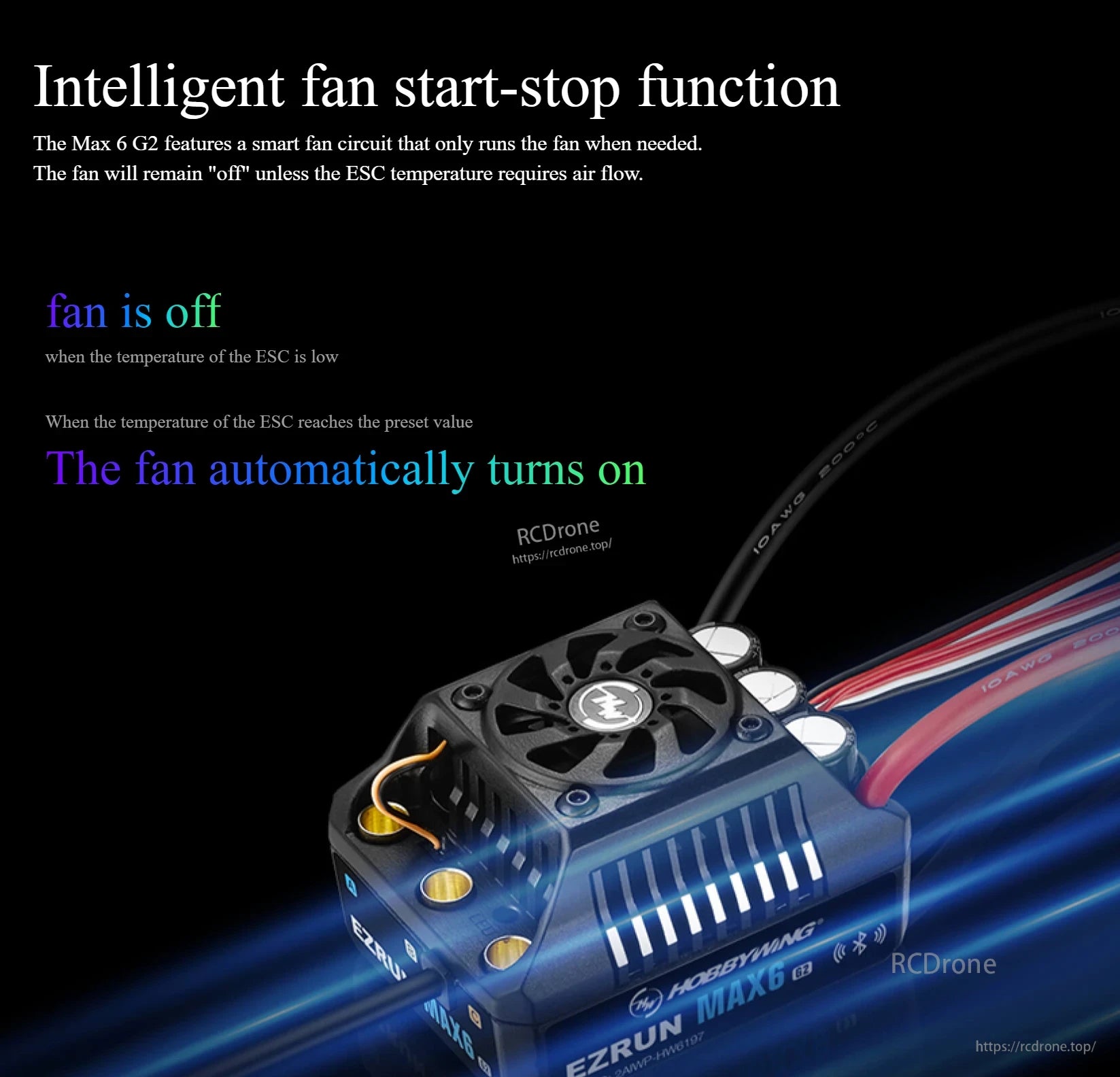 Hobbywing EZRUN MAX6 G2 ESC with built-in cooling fan and wiring, featuring intelligent fan start-stop function