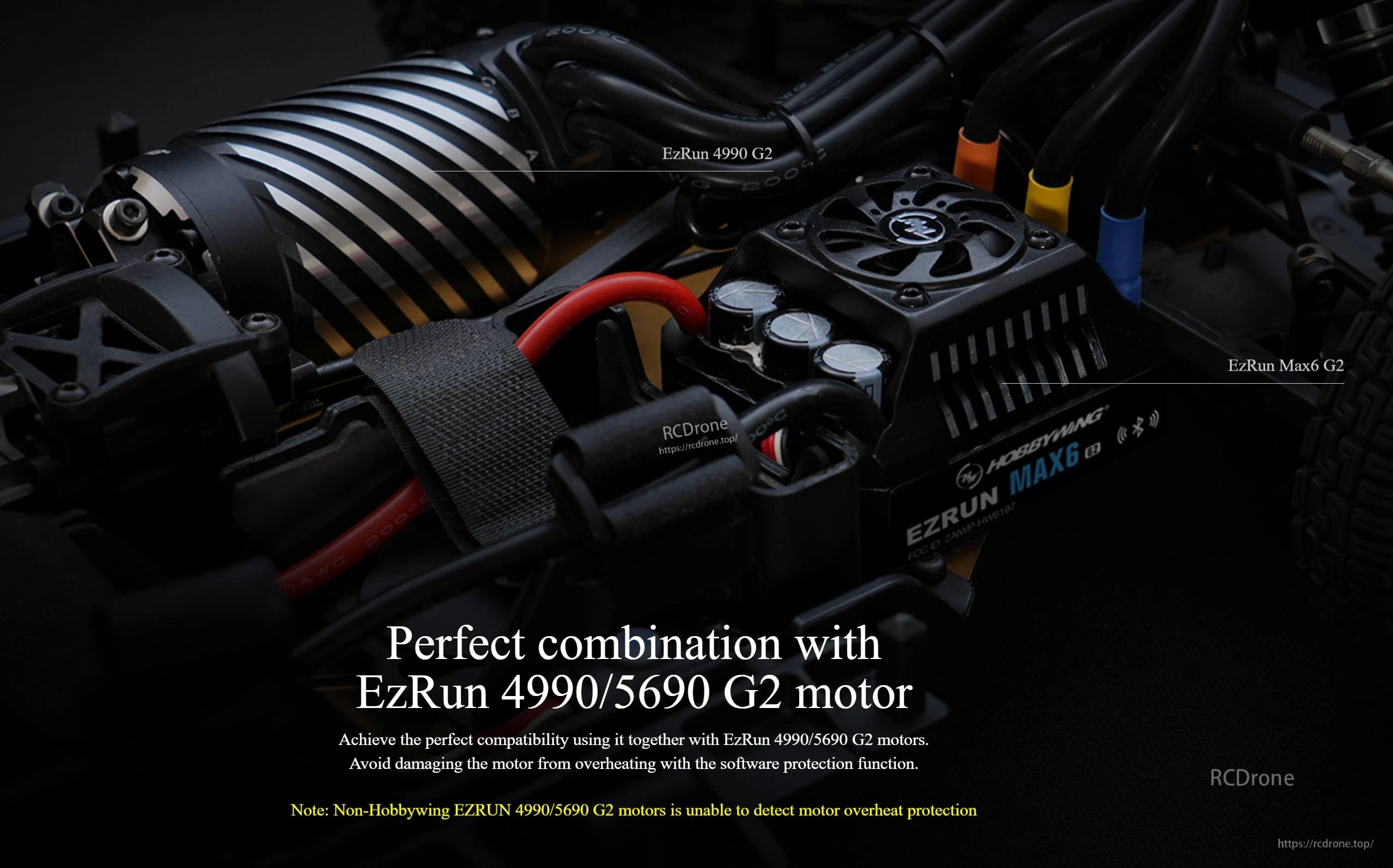 Hobbywing EZRUN MAX6 G2 ESC installed in an RC car, with cooling fan and EzRun 4990 G2 motor wiring