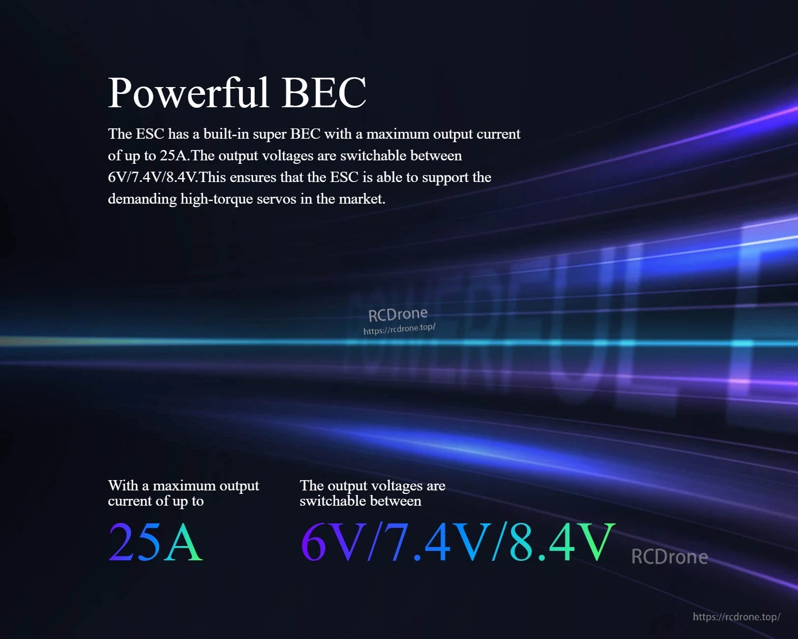 Hobbywing EZRUN MAX6 G2 ESC graphic highlighting built-in BEC: up to 25A output, switchable 6V/7.4V/8.4V