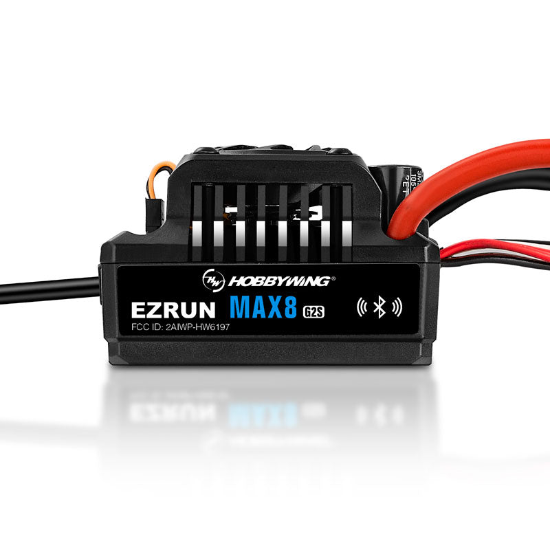 Hobbywing EZRUN MAX8 G2S Bluetooth ESC, Hobbywing EZRUN MAX8 G2S brushless ESC with Bluetooth icon, cooling fan housing, and thick power leads