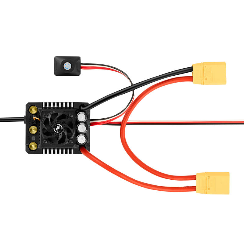 Hobbywing EZRUN MAX8 G2S Bluetooth ESC with cooling fan, motor bullet ports, and XT90 battery connectors