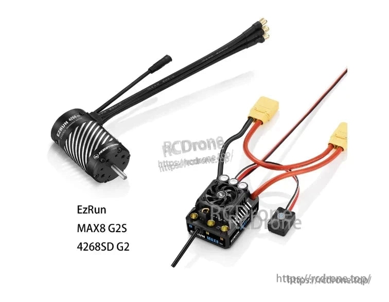 Hobbywing EZRUN MAX8 G2S Bluetooth ESC, Hobbywing EZRUN MAX8 G2S ESC with cooling fan, XT-style battery leads, and matching 4268SD G2 brushless motor
