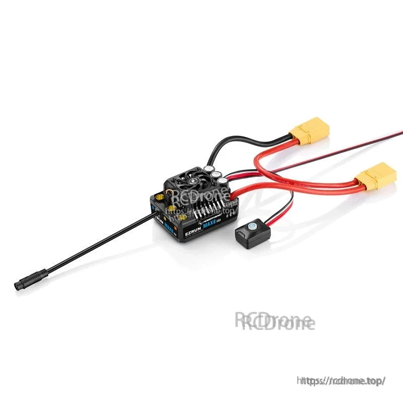 Hobbywing EZRUN MAX8 G2S Bluetooth ESC, Hobbywing EZRUN MAX8 G2 brushless ESC with cooling fan, XT90 battery leads, and wired on/off switch