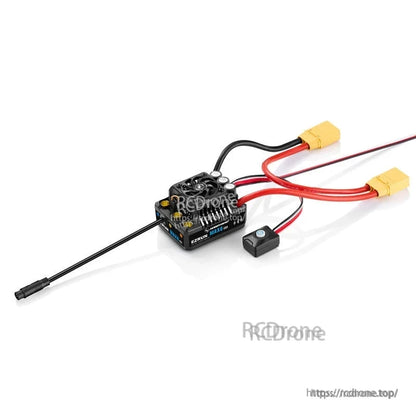 Hobbywing EZRUN MAX8 G2S Bluetooth ESC, Hobbywing EZRUN MAX8 G2 brushless ESC with cooling fan, XT90 battery leads, and wired on/off switch