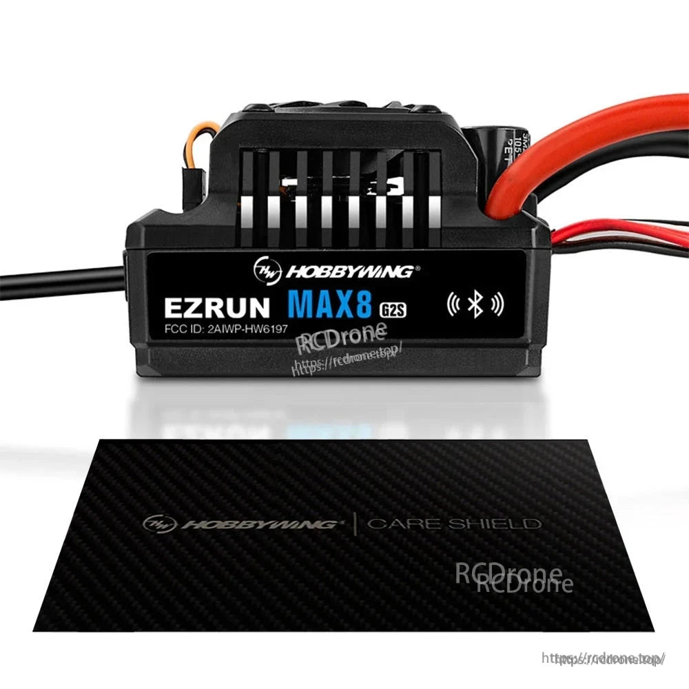Hobbywing EZRUN MAX8 G2S Bluetooth ESC, Hobbywing EZRUN MAX8 G2S brushless ESC with Bluetooth icon, cooling fan housing, and power wires