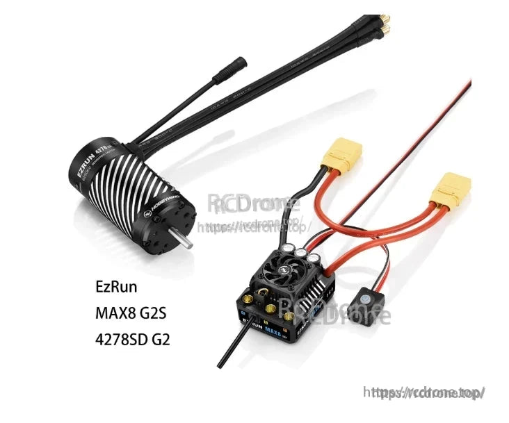 Hobbywing EZRUN MAX8 G2S Bluetooth ESC, Hobbywing EzRun MAX8 G2S ESC with cooling fan, battery leads and yellow connectors, paired with 4278SD motor