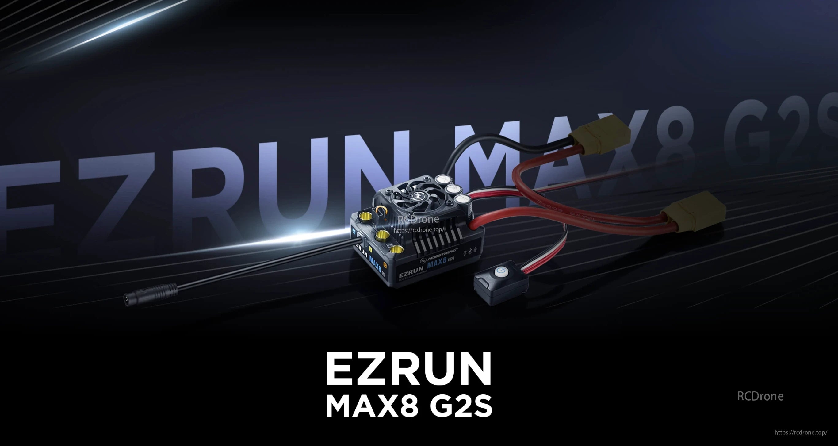 Hobbywing EZRUN MAX8 G2S Bluetooth ESC, Hobbywing EZRUN MAX8 G2S brushless ESC with cooling fan, battery leads, and external power switch