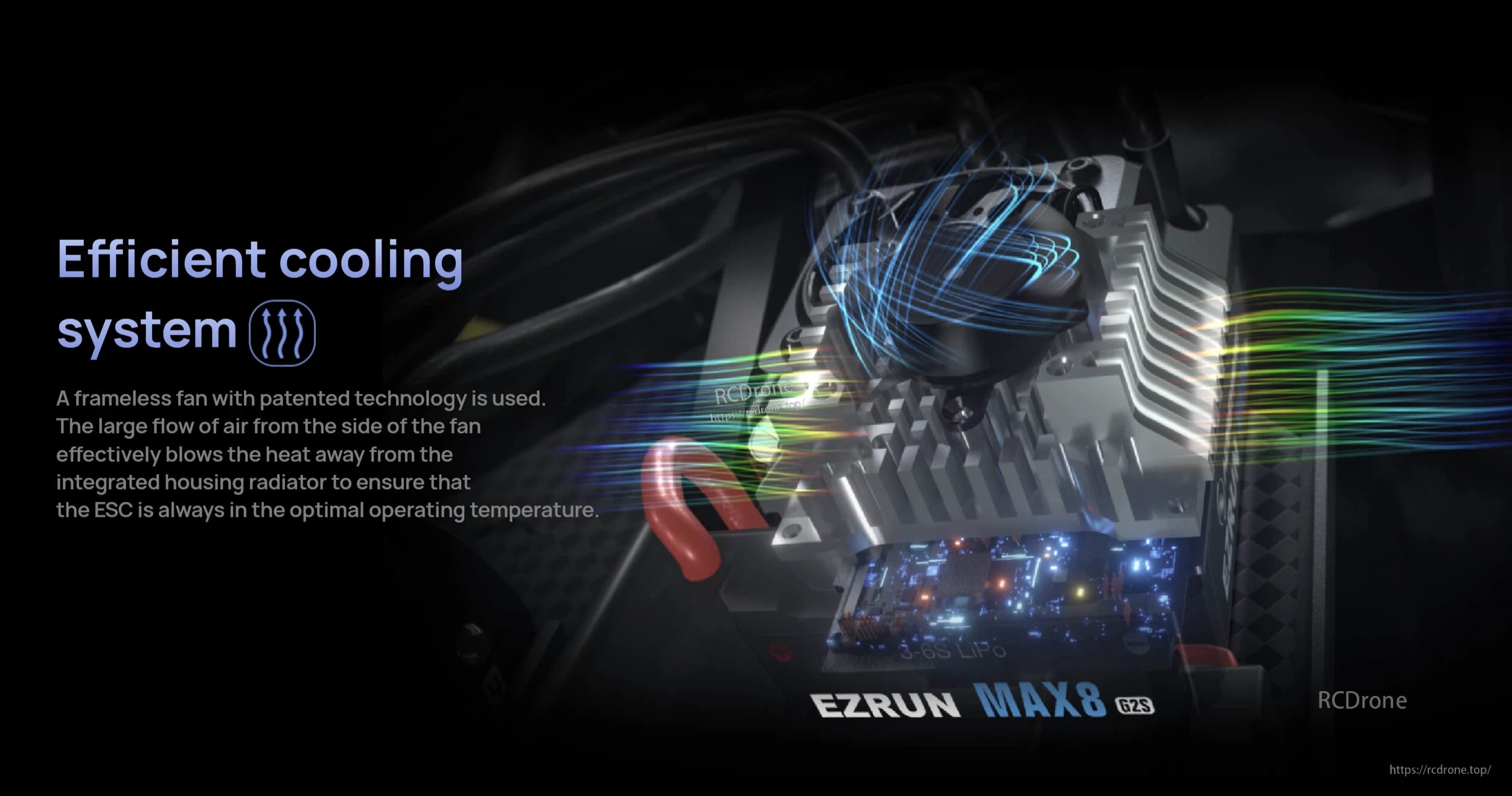 Hobbywing EZRUN MAX8 G2S Bluetooth ESC, Hobbywing EZRUN MAX8 G2S ESC with integrated heatsink and cooling fan for RC cars