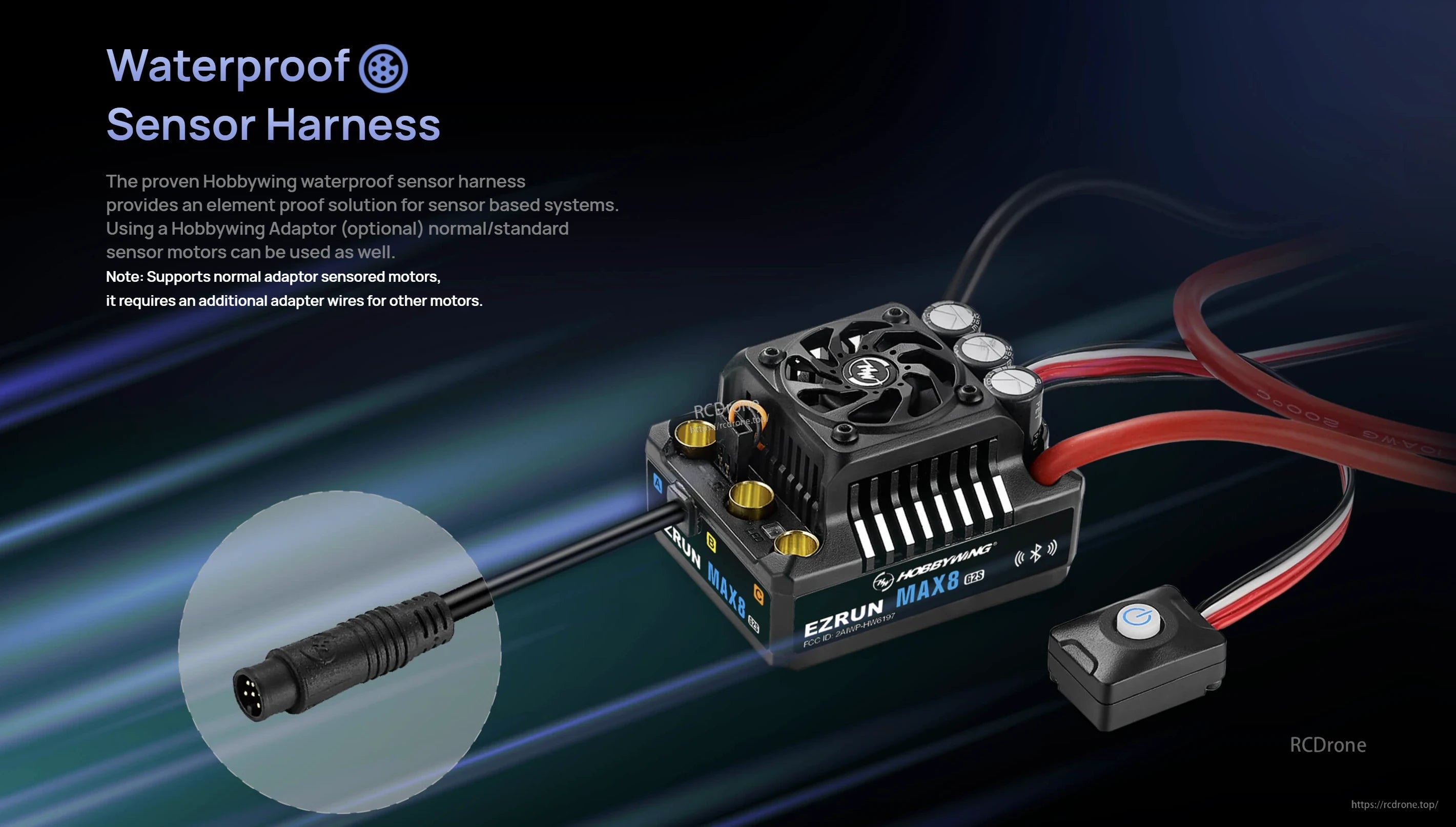 Hobbywing EZRUN MAX8 G2S Bluetooth ESC, Hobbywing EZRUN MAX8 G2S ESC with cooling fan, Bluetooth icon, power leads, and waterproof sensor harness plug