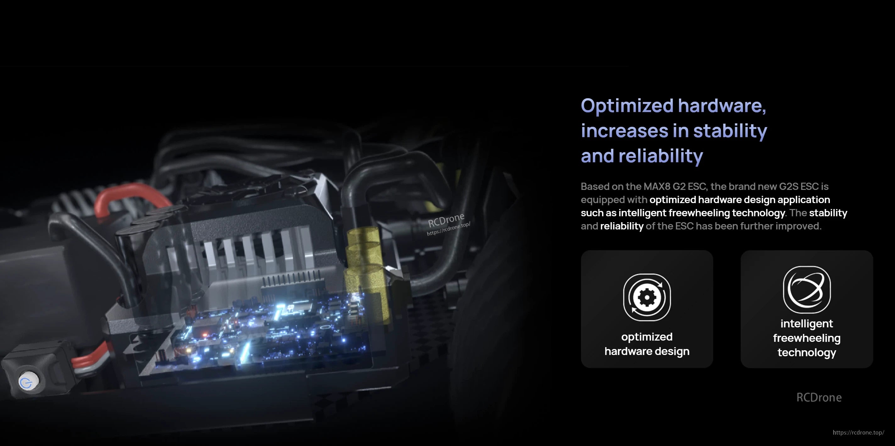Hobbywing EZRUN MAX8 G2S Bluetooth ESC, Hobbywing EZRUN MAX8 G2S ESC installed in an RC car with wiring, highlighting optimized hardware and freewheeling tech