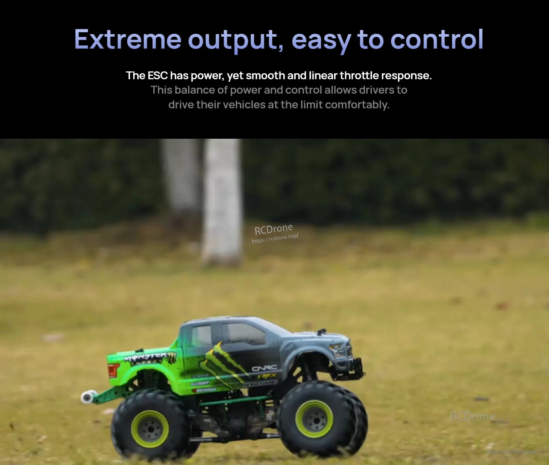 Hobbywing EZRUN MAX8 G2S Bluetooth ESC, Banner with RC monster truck on grass and text “Extreme output, easy to control” for Hobbywing EZRUN MAX8 G2S ESC