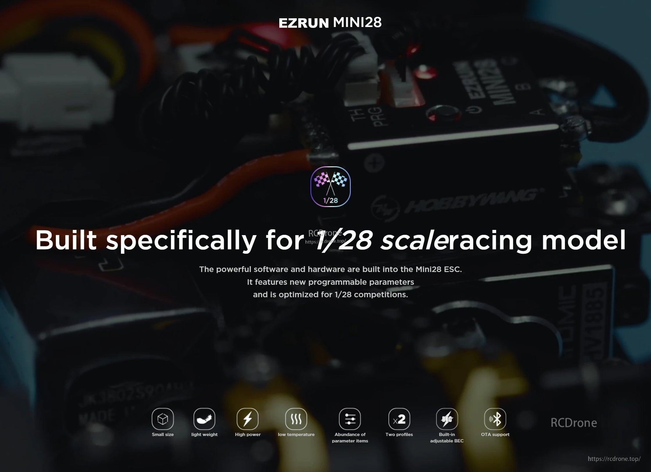 Hobbywing EZRUN Mini28 ESC close-up with wiring and plugs, built specifically for 1/28 scale racing models