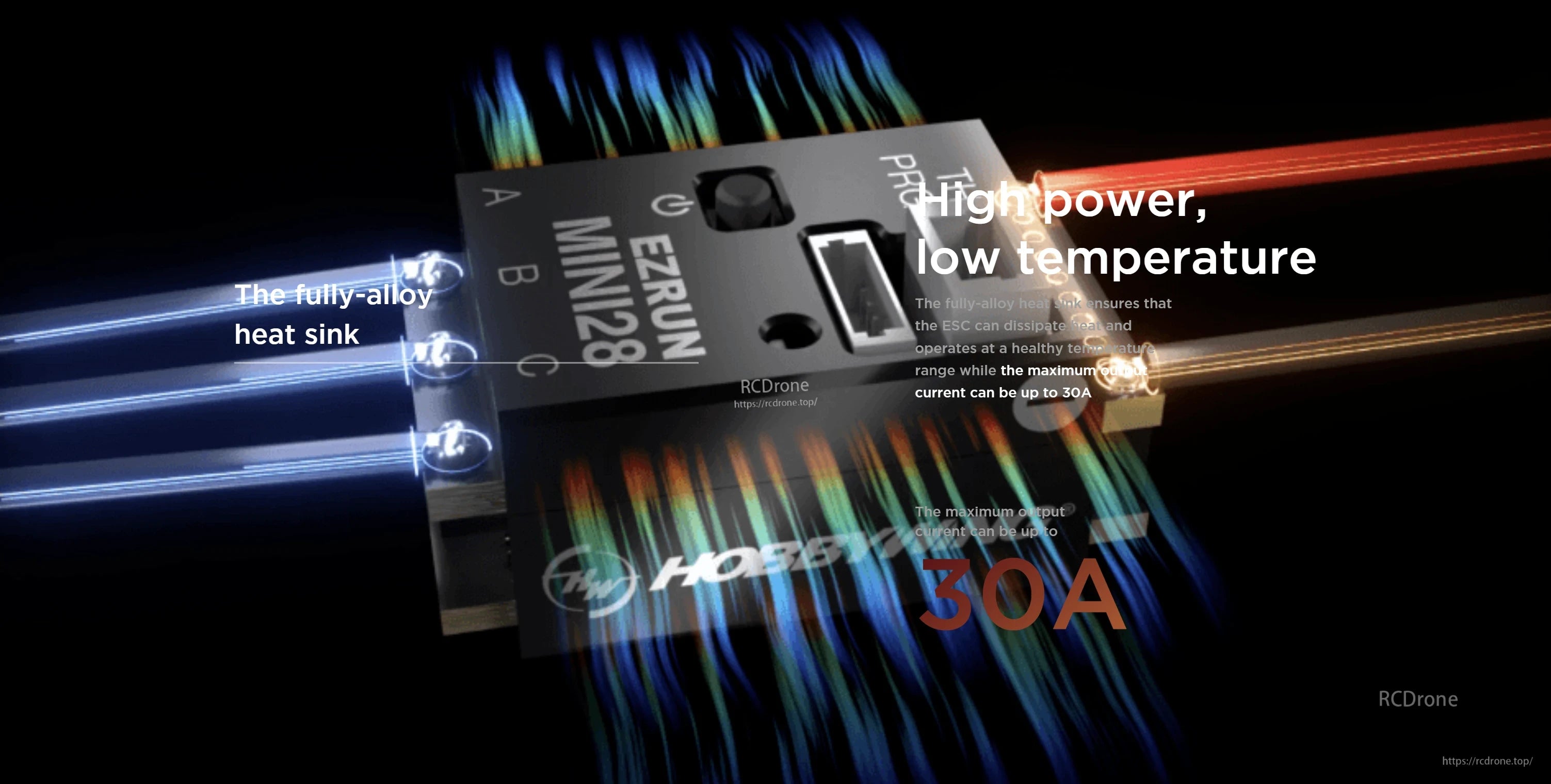 Hobbywing EZRUN Mini28 ESC, Hobbywing EZRUN Mini28 30A mini ESC with fully alloy heat sink, three motor wires and battery leads