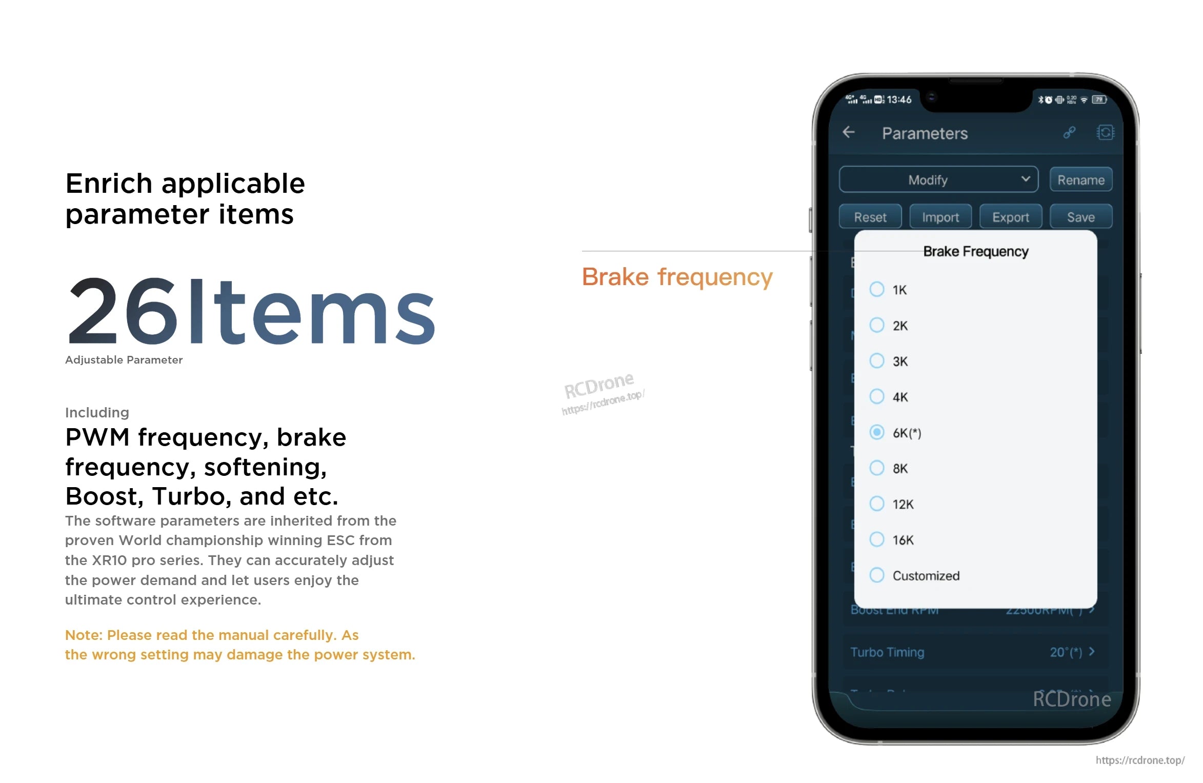 Smartphone app parameters screen for Hobbywing EZRUN Mini28 ESC showing adjustable brake frequency settings and 26 items