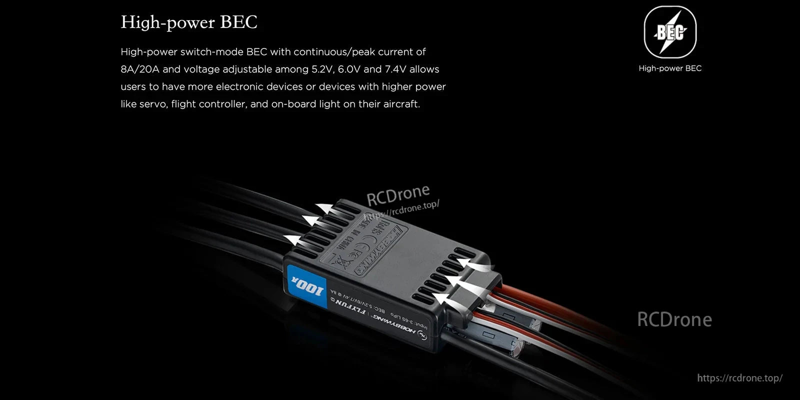 Hobbywing FlyFun V5 110A HV ESC with high-power BEC, 8A/20A and selectable 5.2V, 6.0V or 7.4V output