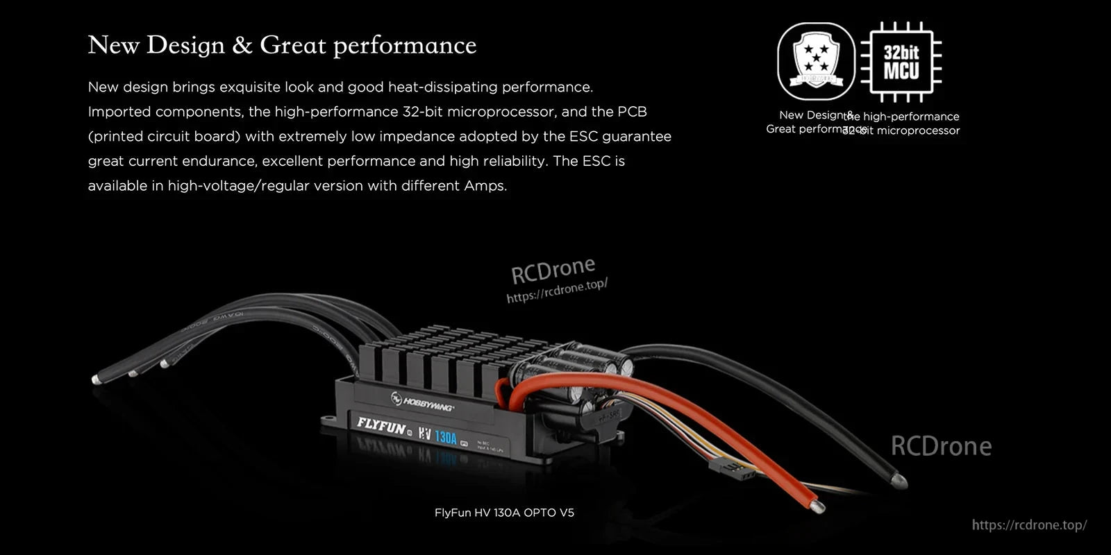 Hobbywing FLYFUN V5 110A HV ESC, Hobbywing FlyFun HV V5 OPTO brushless ESC with finned heatsink, 32-bit MCU label, and prewired leads