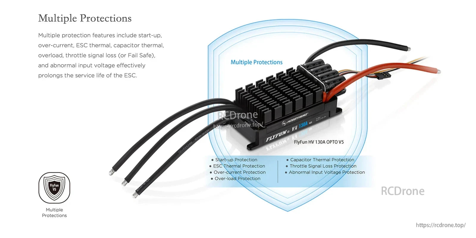 Hobbywing FLYFUN V5 130A HV OPTO ESC, Hobbywing FlyFun HV 130A OPTO V5 ESC with heatsink, motor leads and battery cables, listing multiple protections