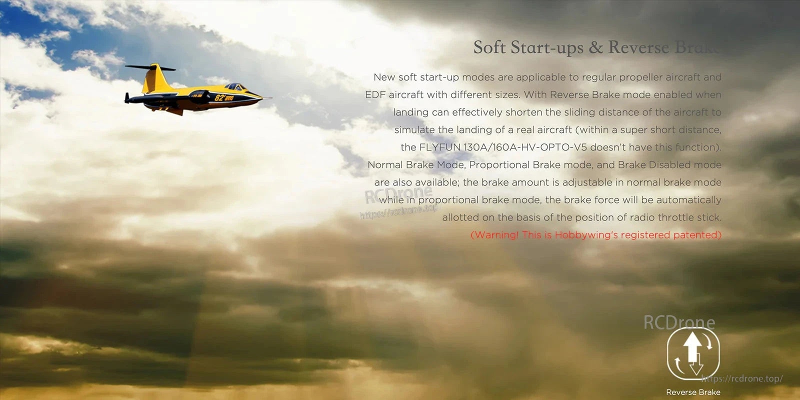 Hobbywing FLYFUN V5 130A HV OPTO ESC, Hobbywing FLYFUN V5 ESC feature graphic with jet aircraft and text on soft start-ups and brake modes