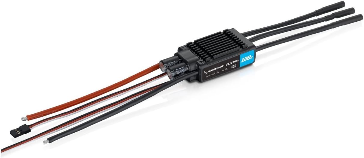 Hobbywing FlyFun 120A V5 brushless ESC with black heatsink, capacitors, and pre-wired motor and battery leads