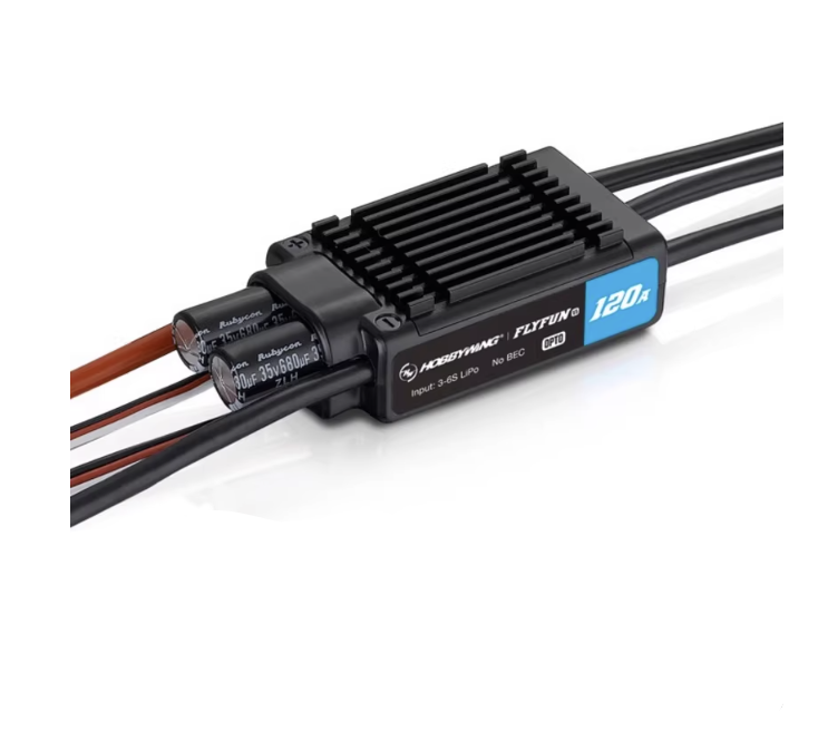 Hobbywing FlyFun 120A V5 brushless ESC with finned heat sink, external capacitors, and OPTO/no BEC label