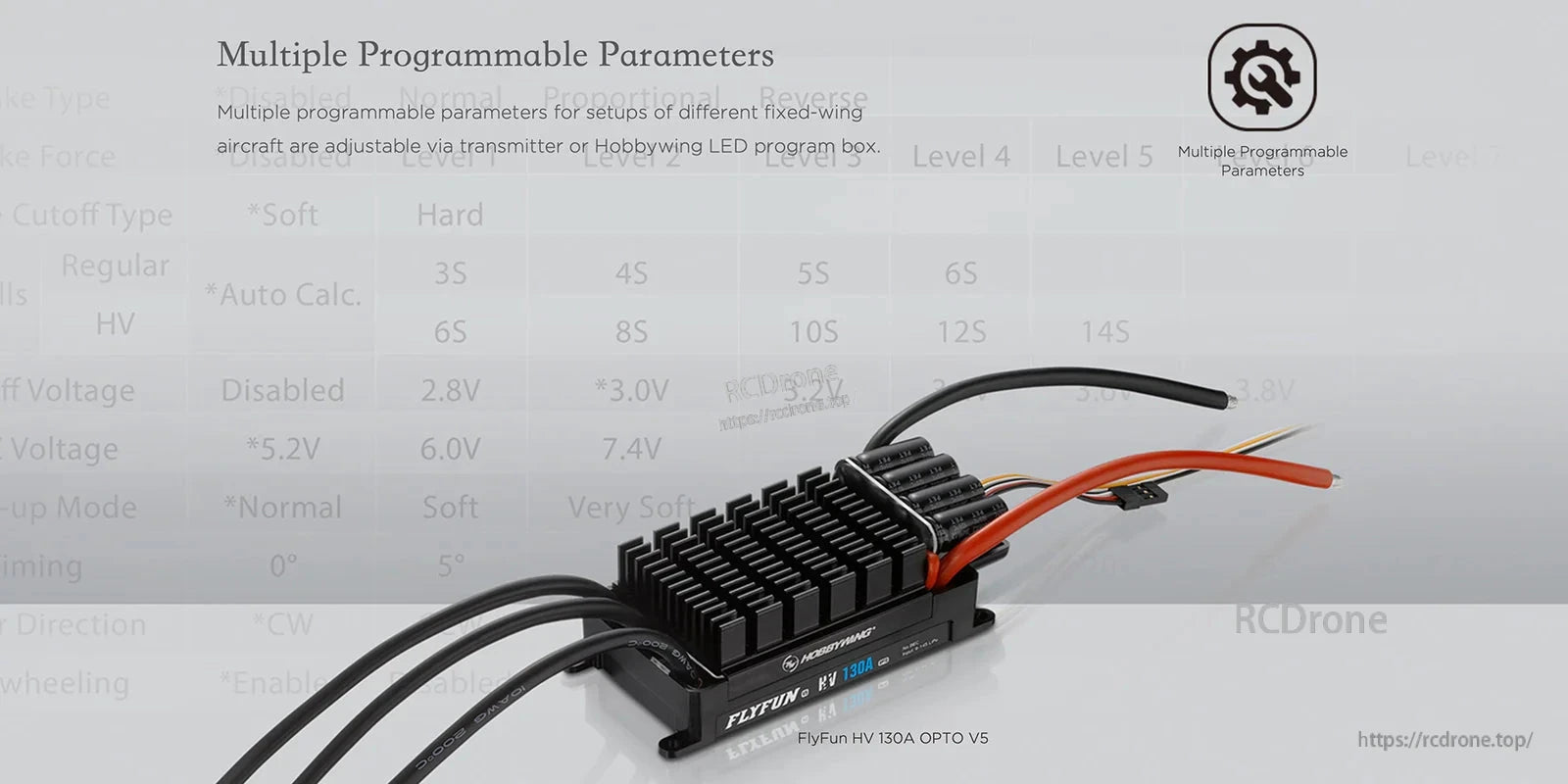 Hobbywing FlyFun 120A V5 Brushless ESC, Hobbywing FlyFun HV 130A OPTO V5 brushless ESC with large heatsink and pre-wired leads