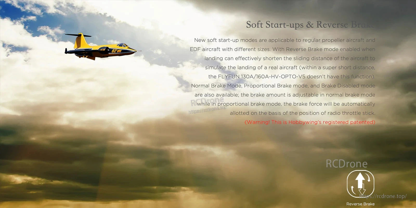 Hobbywing FlyFun 120A V5 Brushless ESC, Hobbywing FlyFun V5 brushless ESC feature graphic describing soft start-up modes and reverse brake for RC aircraft