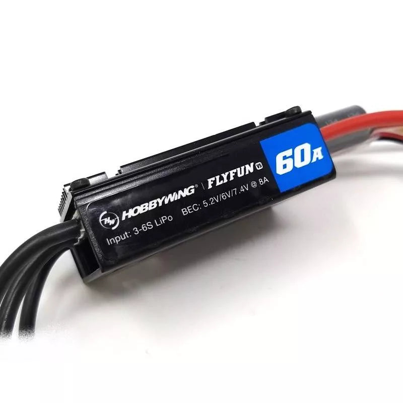 Hobbywing FlyFun 60A brushless ESC with label showing 3–6S LiPo input and selectable 5.2V/6V/7.4V 8A BEC