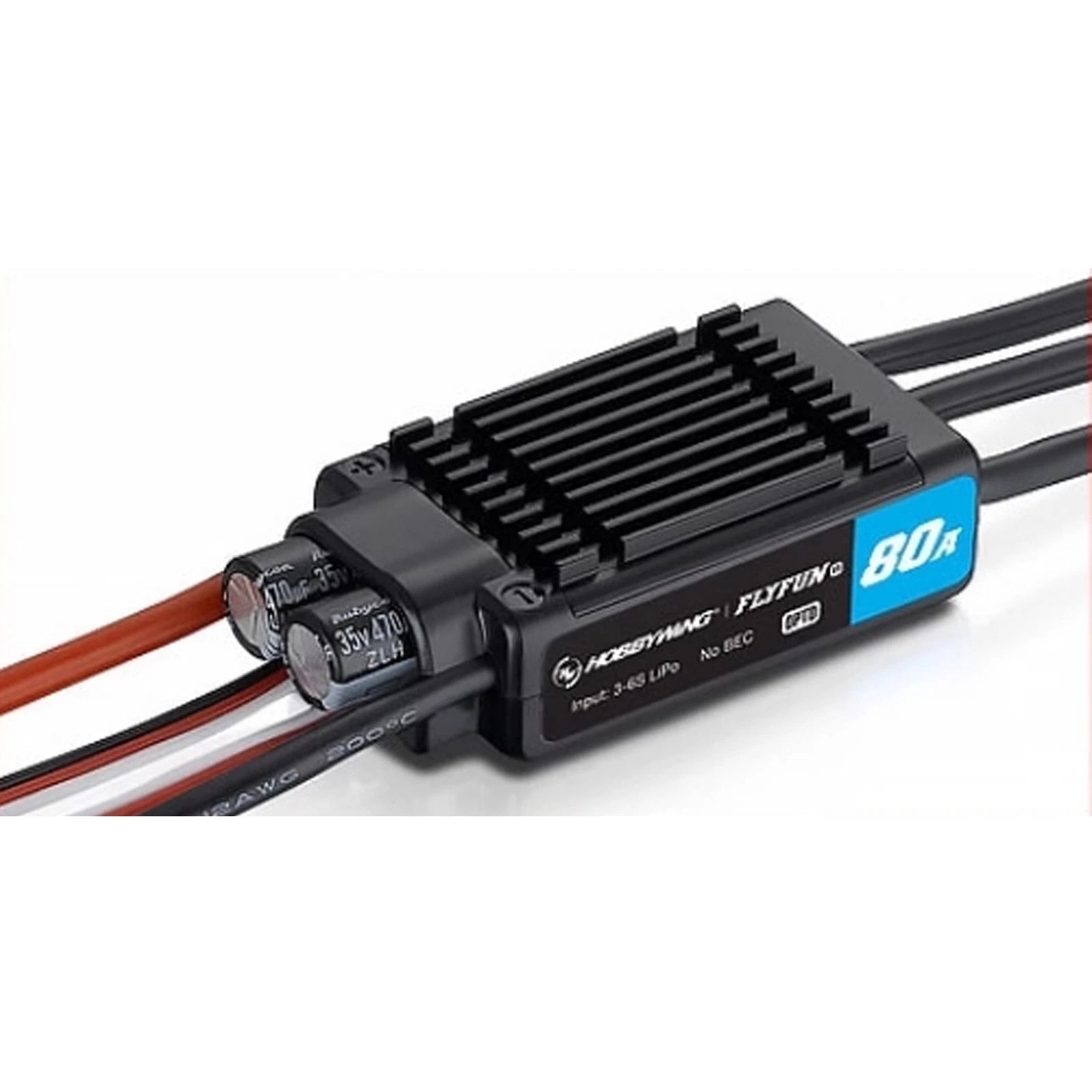 Hobbywing FlyFun 80A V5 ESC, Hobbywing FlyFun 80A V5 brushless ESC with heatsink, 80A label, input leads and twin capacitors