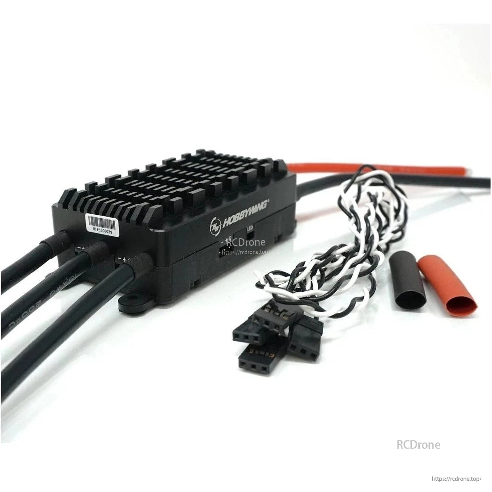 Hobbywing FlyFun 80A V5 ESC with finned heatsink, thick power leads, and multi-pin signal connector harness