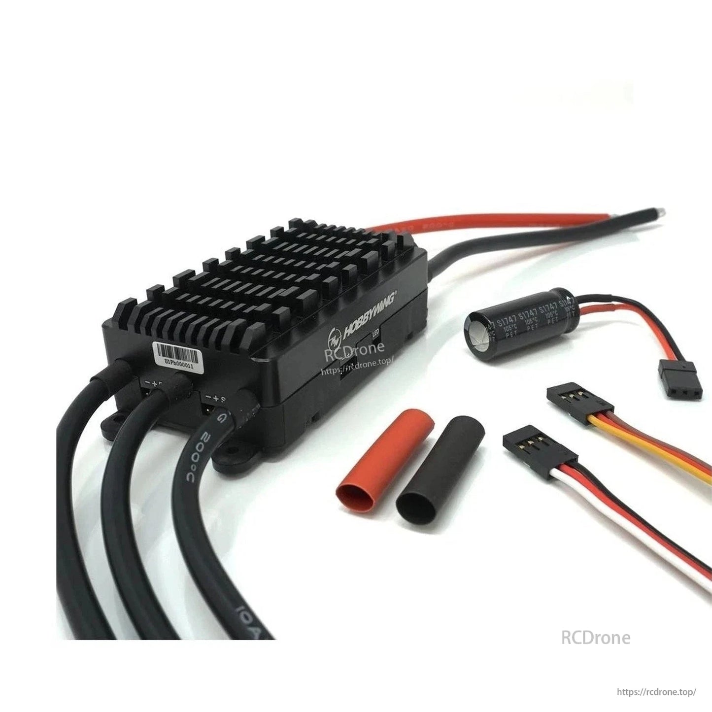Hobbywing FlyFun 80A V5 ESC with finned heatsink, heavy-gauge power leads, capacitor, and servo signal plugs