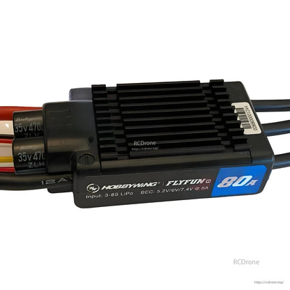 Hobbywing FlyFun 80A V5 ESC, Hobbywing FlyFun V5 80A ESC with finned heatsink, labeled input 3–8S LiPo and selectable BEC 5.2V/6V/7.4V