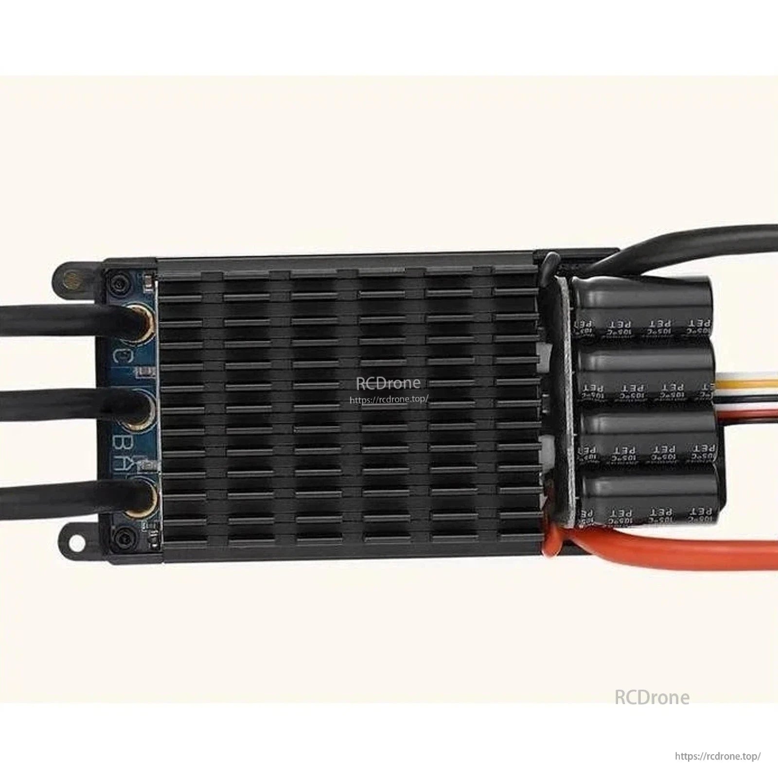 Hobbywing FlyFun 80A V5 ESC with black heatsink, three motor wires, and capacitor bank on the power lead