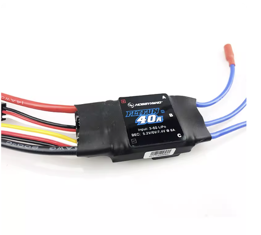 Hobbywing FlyFun V5 40A ESC, Hobbywing FlyFun 40A brushless ESC with heatshrink case, 3–6S LiPo input label, and motor/battery leads