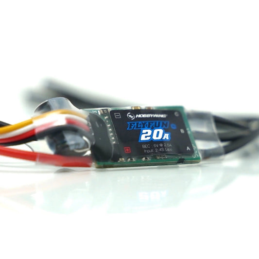 Hobbywing FlyFun 20A brushless ESC with BEC 5V 2.5A and 2–4S LiPo input label, wiring leads attached