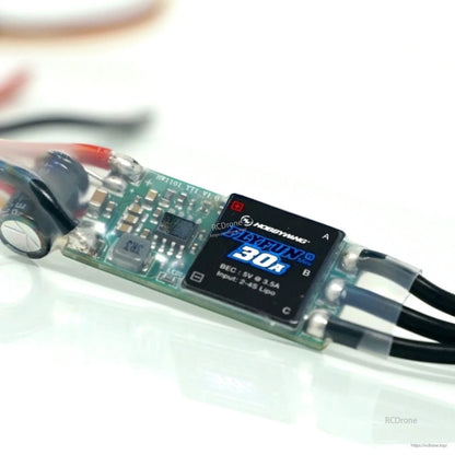 Hobbywing FlyFun V5 30A brushless ESC with soldered power leads, BEC 5V 3.5A and 2–4S LiPo input label