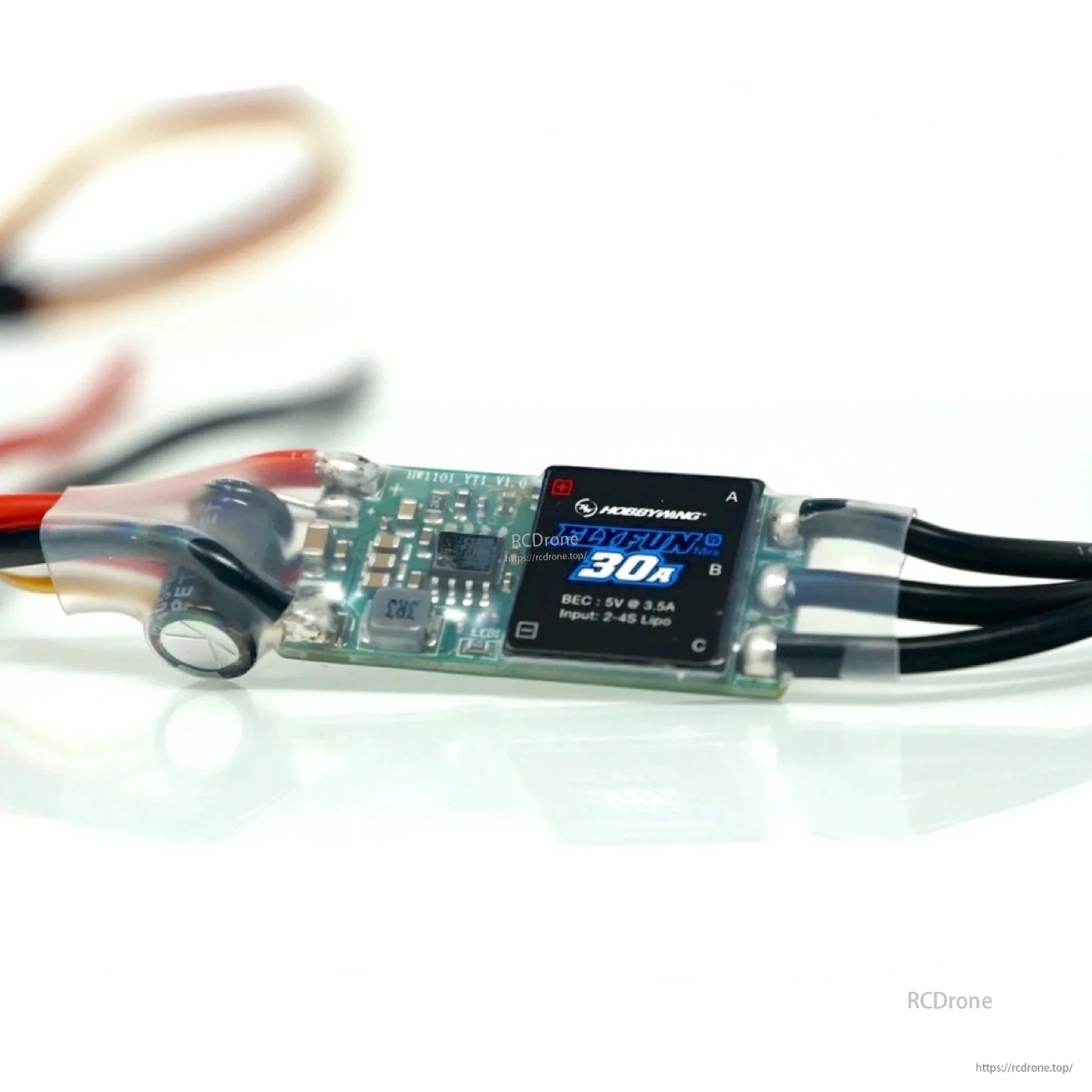 Hobbywing FlyFun V5 30A brushless ESC with soldered power leads, BEC 5V 3.5A and 2–4S LiPo input label