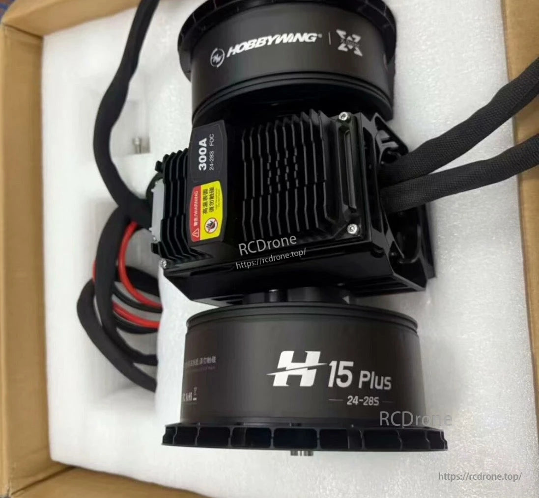 Hobbywing H15 Plus Coaxial Motor, Hobbywing H15 Plus 300A 24-28S FOC motor, 31KV, delivers up to 184kg thrust, compatible with 27-inch propellers, ideal for high-performance drone applications.