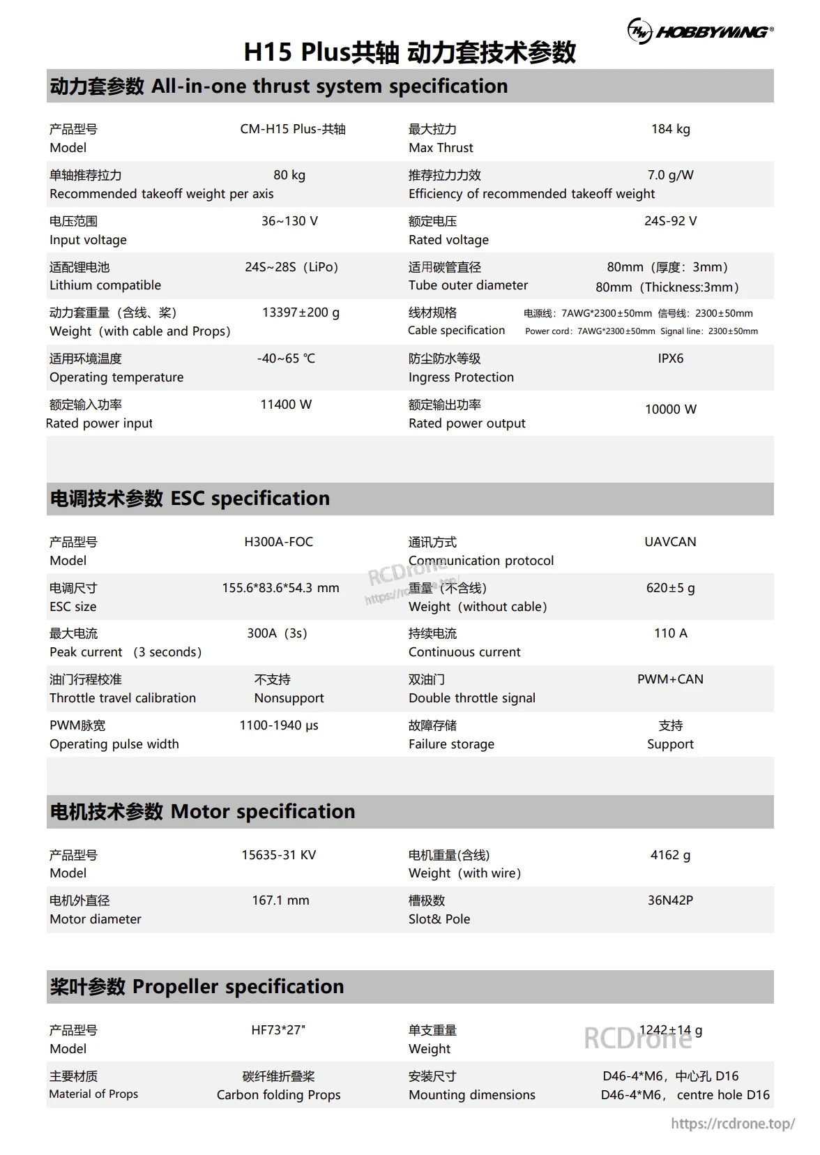 Hobbywing H15 Plus Coaxial Motor, Hobbywing H15 Plus: 184kg thrust, 11.4kW input, 10kW output, 300A ESC, 15635-31KV motor, carbon folding props, IPX6 rated, 167.1mm diameter.