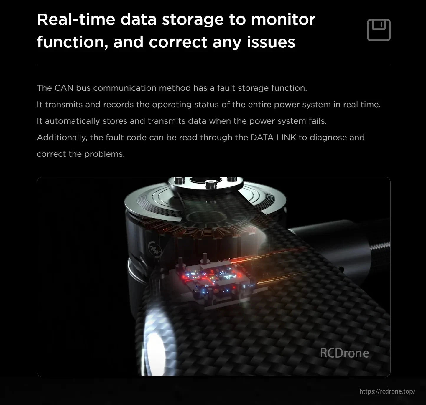 Hobbywing H8M Motor, Monitors store and correct data in real-time, CAN bus records power status, and fault codes diagnose issues through DATA LINK.