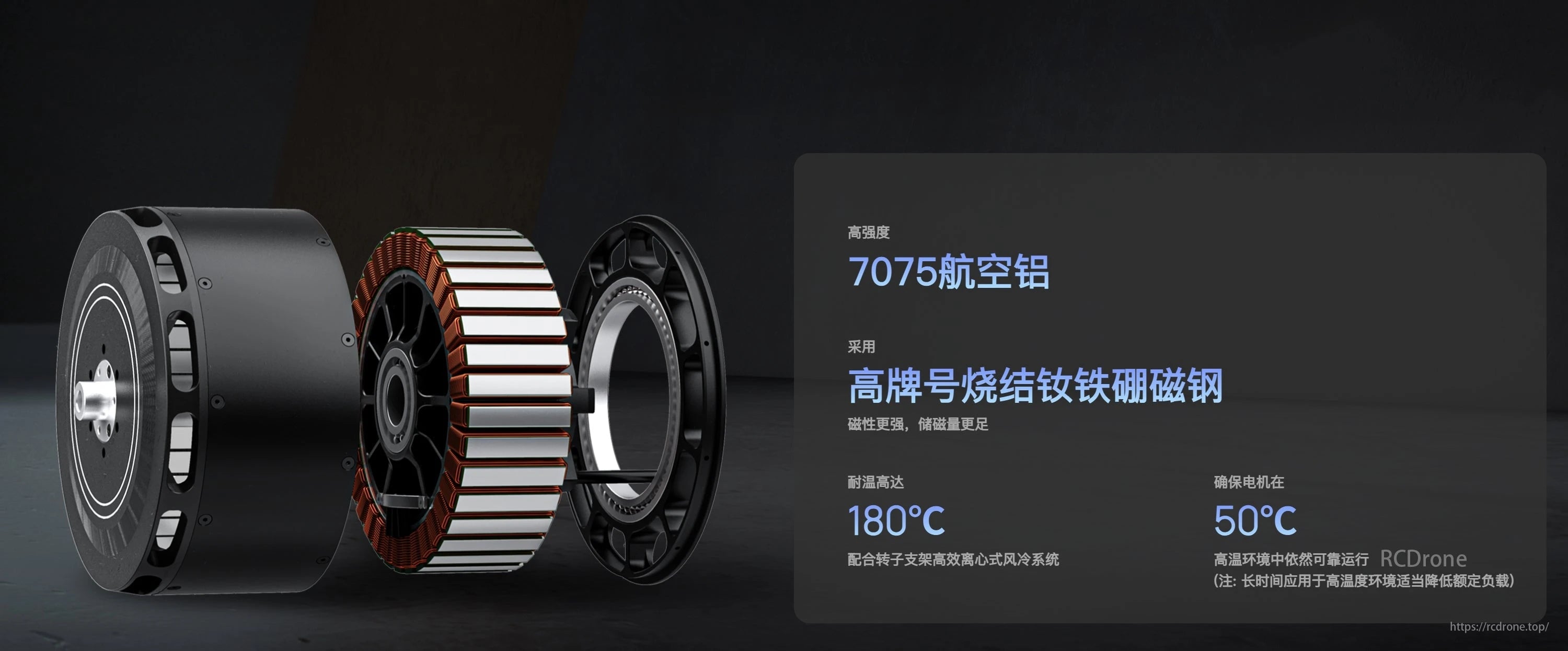 Hobbywing M13842 34KV/38KV HP Brushless Motor, High-strength 7075 aluminum, neodymium magnets, 180°C temperature resistance, reliable 50°C operation with cooling.