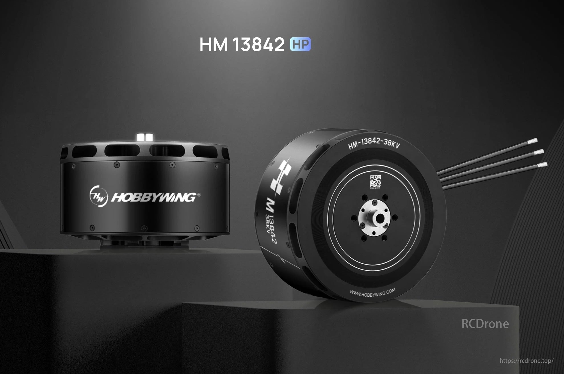 Hobbywing M13842 34KV/38KV HP Brushless Motor, Hobbywing M13842 38KV HP brushless motor, black design with silver accents.