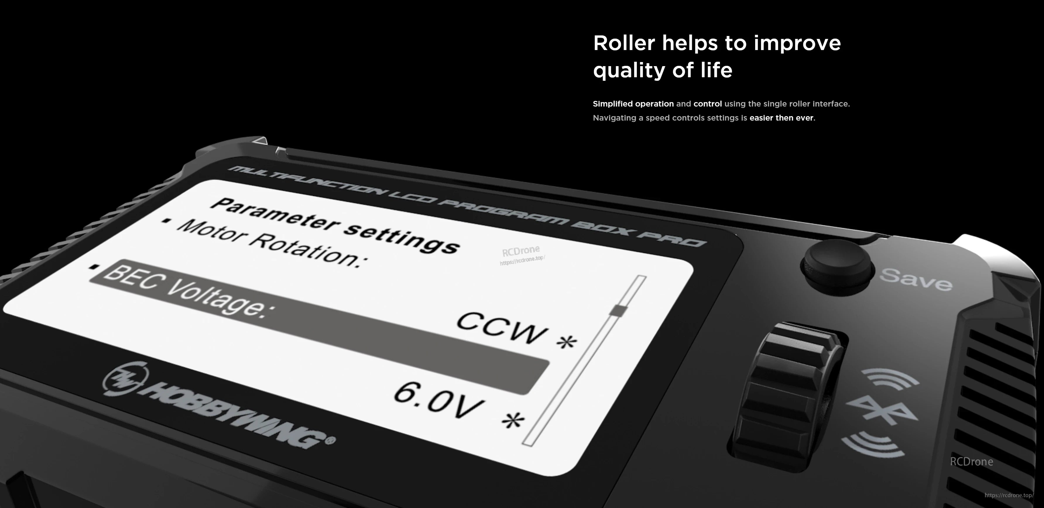 Hobbywing LCD Program Box Pro handheld ESC programmer with roller control and screen showing BEC voltage 6.0V