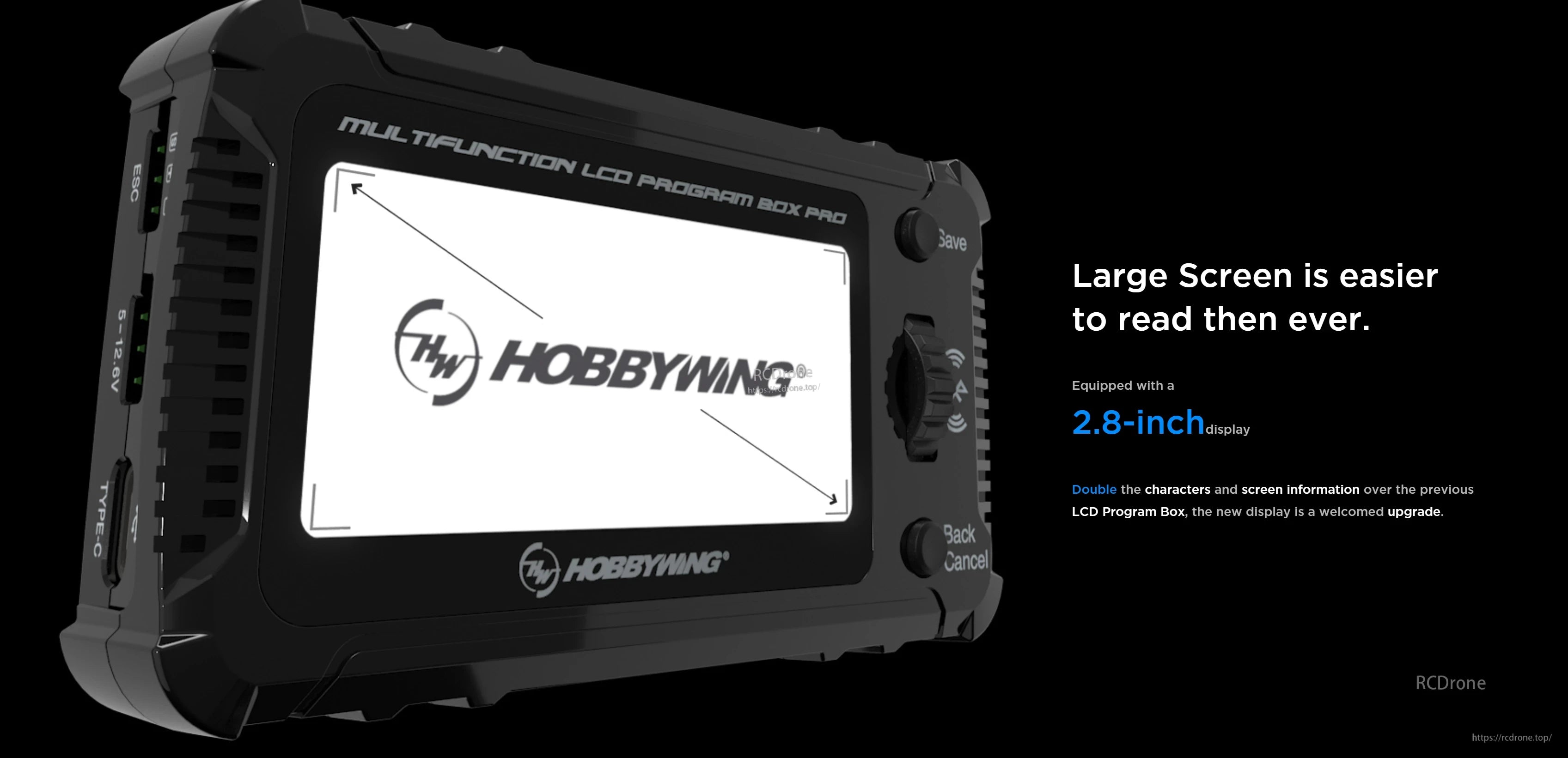 Hobbywing Multifunction LCD Program Box PRO with 2.8-inch screen, Save/Back buttons, and USB-C port